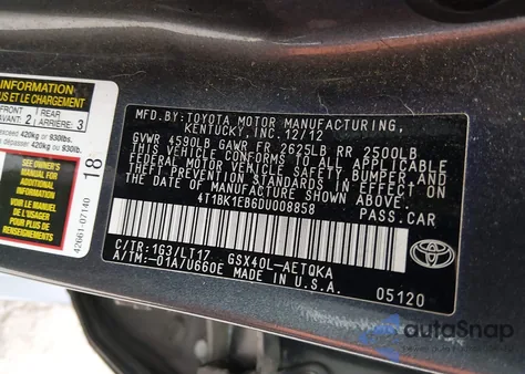 2013 Toyota Avalon Xle Touring from USA, damaged, VIN 4T1BK1EB6DU008858